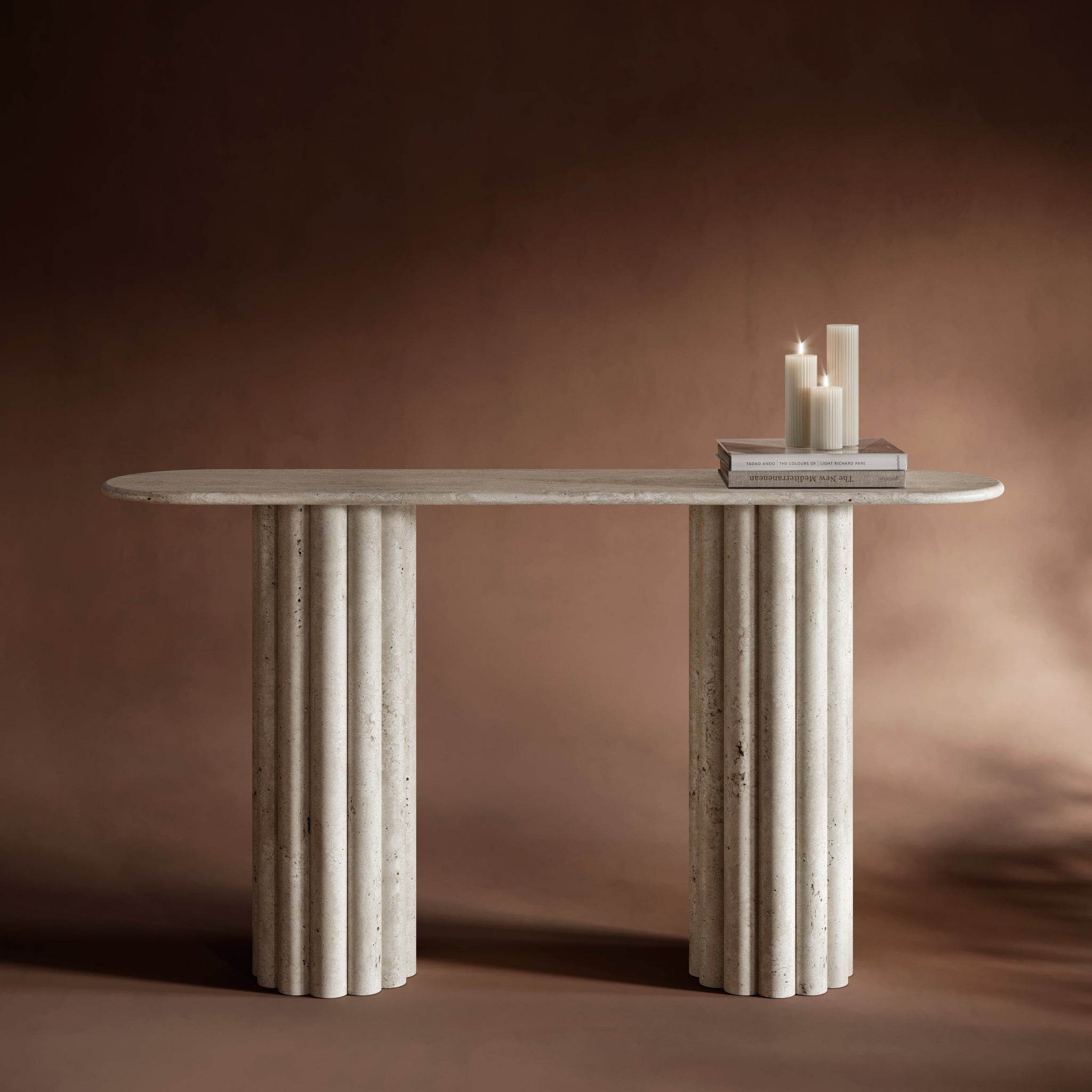 Fluted Travertine Marble Console Table Thick Fluting